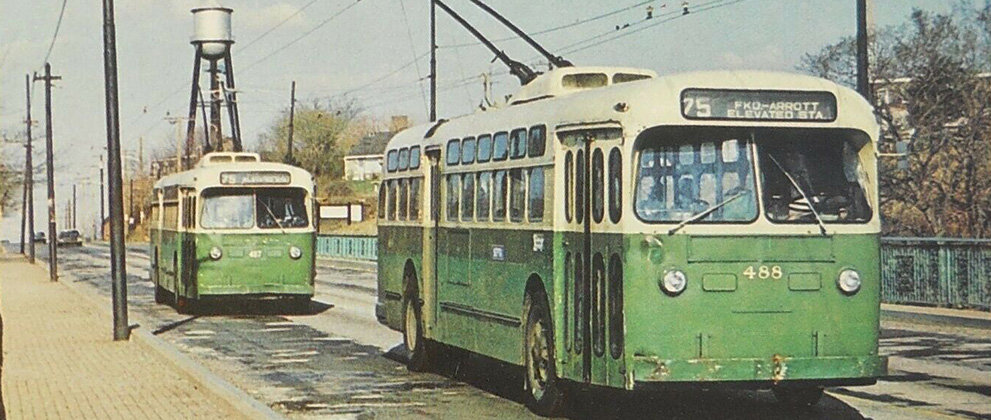 Image of a trackless trolley in Philadelphia
